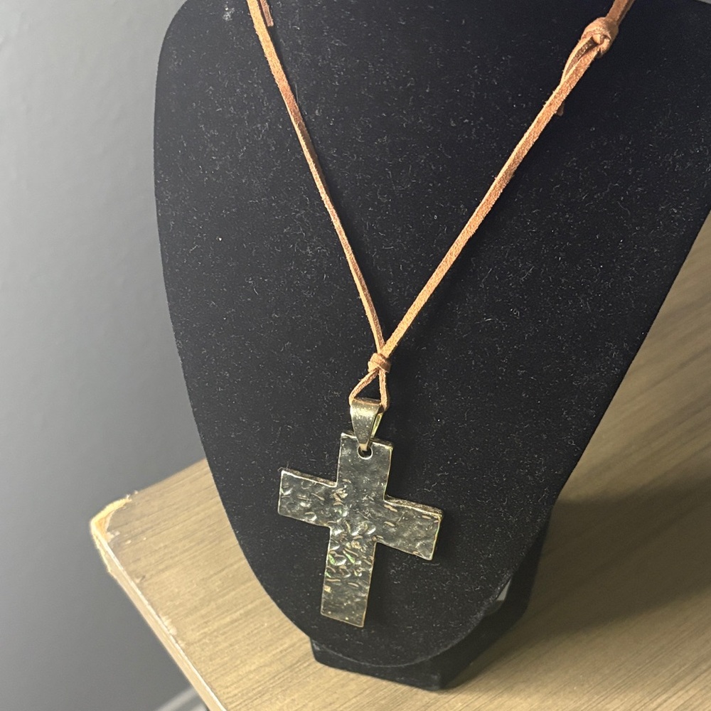 Hammered Metal Cross Pendant Necklace with Tan Suede Cord